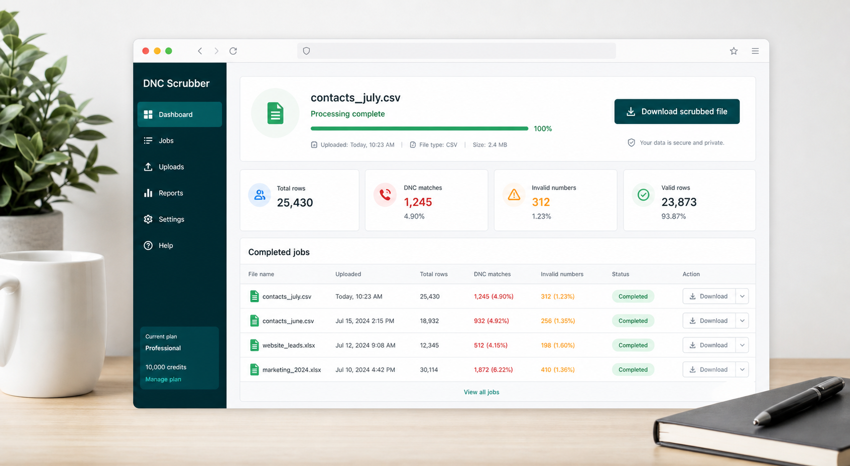 DNC Scrubber dashboard showing file processing progress and download controls